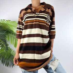 Vintage Y2K Brown Striped Indie Grunge Short Sleeve Oversized Polo Shirt / Med